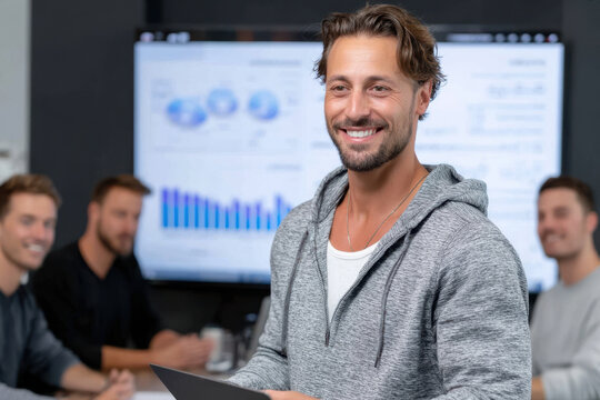 Confident presenter engaging colleagues in a business meeting with data visuals on display