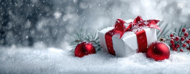 The beautifully wrapped gift surrounded by a winter wonderland of snow and ornaments.