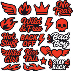 A bold and expressive set of typographic sticker elements featuring phrases like “Wild & Free,” “Bad Boy,” and “No Fear” with fire, skulls, hearts, and lightning icons in red and black. Perfect for fa