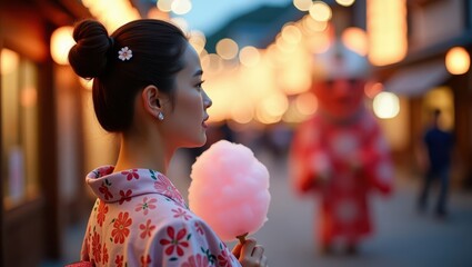 Over-the-shoulder close-up of a young Japanese woman in a floral pink yukata holding a festival fan and cotton candy, looking at a Hoko float in the distance. Her hair tied in a bun with a Kanzashi ha