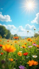 Vibrant Wildflowers Swaying in Summer Breeze  A Sun-Drenched Field of Uninhibited Joy and Freedom