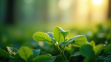 Wide-angle macro shot of soft morning dew on fresh green leaves, with gentle sun rays filtering through a misty forest background. Bokeh light circles, high depth of field, peaceful and calm mood, min