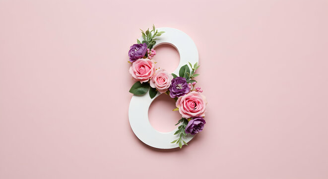 Womens Day Floral Number Eight Pink Background Design