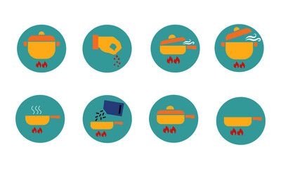 Fototapeta premium flat design cooking icon set featuring various kitchen actions like boiling, seasoning, and frying. Perfect for culinary projects, apps, recipe visuals, and food-related design assets.