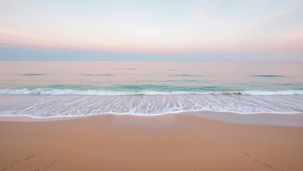 Wide aerial shot of a calm beach at golden hour, soft ocean waves gently brushing over smooth sand, light pink and orange hues in the sky. No people, minimal composition, ultra-high resolution, perfec