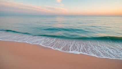 Wide aerial shot of a calm beach at golden hour, soft ocean waves gently brushing over smooth sand, light pink and orange hues in the sky. No people, minimal composition, ultra-high resolution, perfec
