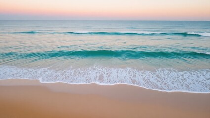 Wide aerial shot of a calm beach at golden hour, soft ocean waves gently brushing over smooth sand, light pink and orange hues in the sky. No people, minimal composition, ultra-high resolution, perfec