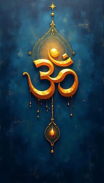 A painted Om symbol in gold over a rich indigo textured background with soft glowing effects &mdash; a spiritual enhancer in Vastu placement.
