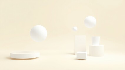 Abstract minimalist wallpaper with 3D floating geometric shapes (spheres, cubes, cylinders) in matte white and soft shadows on pastel background. Clean, elegant, versatile for tech or presentation use