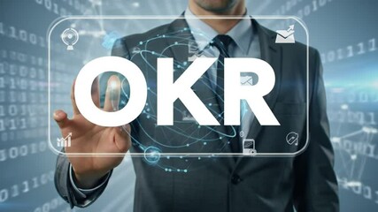 Man Interacting with Okr Digital Interface in Dark Suit with Binary Background - Powered by Adobe