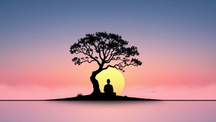 Minimalist Buddhist wallpaper featuring a silhouette of a meditating monk under a Bodhi tree during sunrise, soft pastel sky gradients, fog in the background, peaceful zen atmosphere. No symbols or te