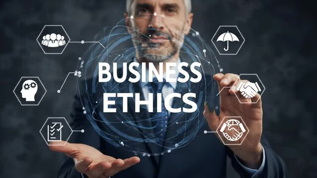 Man In Suit Displaying Business Ethics Concept Through Digital Interface with Icon Illustrations Dark Background