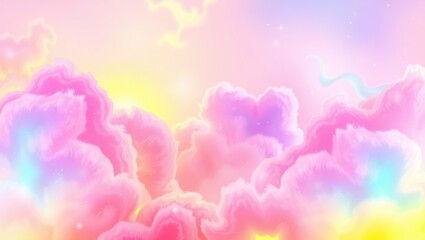 Vibrant fantasy wallpaper featuring fluid rainbow-like gradients flowing through abstract clouds, soft sparkles, dreamy lighting. Whimsical and joyful, suitable for creative spaces or kids’ themes.
