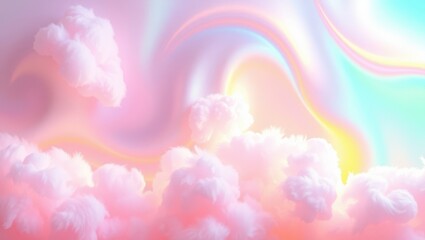 Vibrant fantasy wallpaper featuring fluid rainbow-like gradients flowing through abstract clouds, soft sparkles, dreamy lighting. Whimsical and joyful, suitable for creative spaces or kids’ themes.