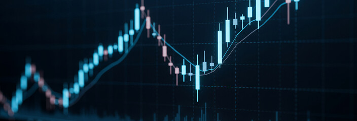 Candlestick chart on a dark blue background showing market trends and analysis.