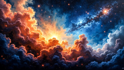 This stunning artwork depicts a cosmic scene with voluminous textured clouds bathed in warm golden light The vast expanse of the night sky is filled with twinkling stars and a distant galaxy