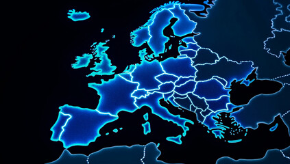 Naklejka premium A stylized digital map of Europe is presented with a dark background National borders are illuminated with a bright electric blue glow creating a futuristic and interconnected feel