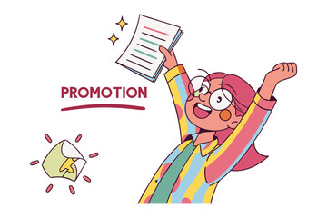 Excited cartoon character celebrating a promotion with documents and a star award conveying success and achievement
