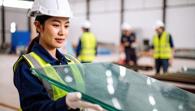 Female worker in safety gear handling glass panel in a warehouse, showcasing teamwork and industrial safety.