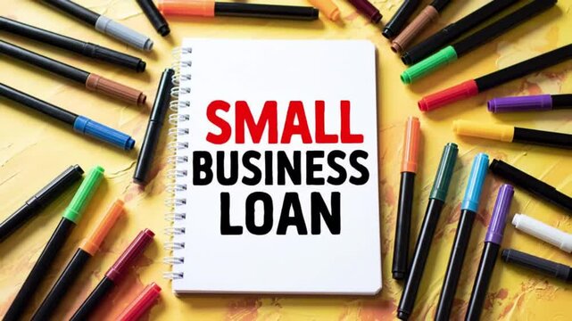 Small Business Loan Message on Notepad with Colorful Marker Circle on Textured Yellow Table Top Down Adobe Stock Photo