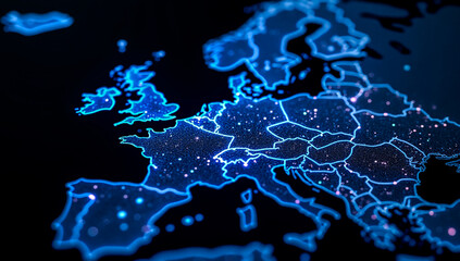A stylized digital map of Europe glows with bright blue outlines and scattered points of light symbolizing interconnectedness and urban centers against a deep black backdrop
