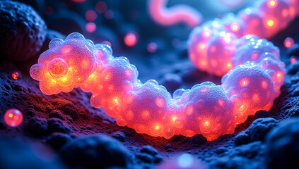 A close-up macro view of luminous translucent cellular structures emitting a warm orange glow from within The organisms are arranged in a segmented chain-like formation on a dark textured background
