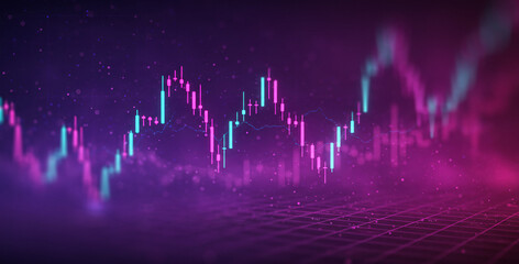 Stock market chart lines in pink and blue against a dark background.