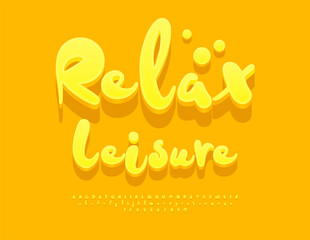 Vector Summer badge Relax Leisure. Sunny Yellow Font. Funny 3D Alphabet Letters and Numbers set. 