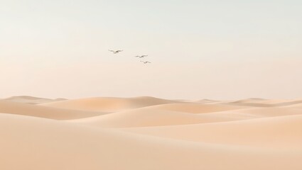 Minimal desert wallpaper with soft golden dunes under a wide open pastel sky, birds flying in formation, warm color palette of beige, soft pink, and blue. Peaceful, spacious composition.