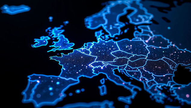 A stylized digital map of Europe glows with bright blue outlines and scattered points of light symbolizing interconnectedness and urban centers against a deep black backdrop