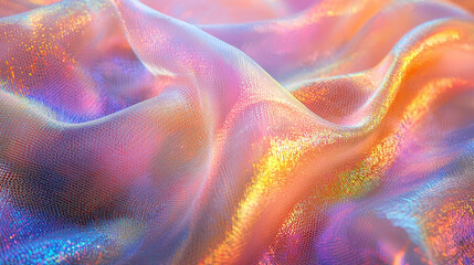 Close-up of shimmering, iridescent mesh fabric with wave-like texture and colorful light reflections