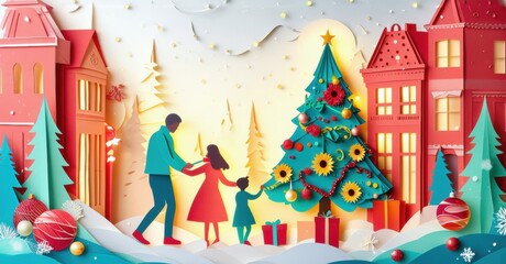 Fototapeta premium Family decorates Christmas tree. Papercraft style scene depicts cozy winter town. Warm lights, gifts present joyful holiday moment.