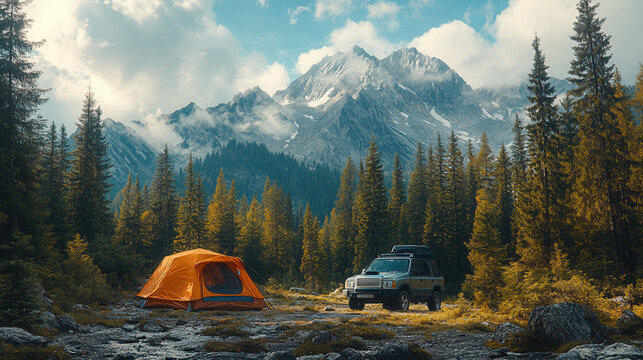 orange tent and off-road car parked near mountain range under sunset sky