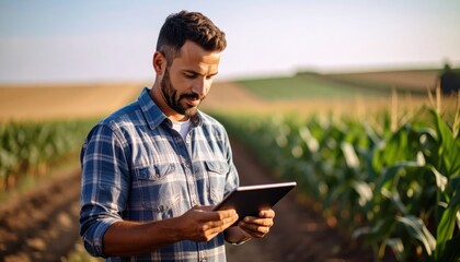 Fototapeta premium A farmer stands in a cornfield using a digital tablet to monitor crop growth and manage agricultural tasks efficiently.