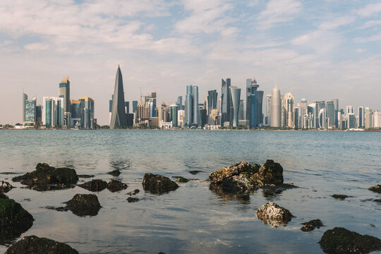 panorama view of the skyline of Doha in evening