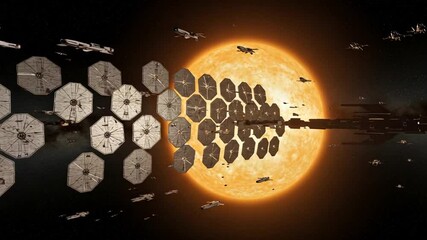 Futuristic spacecraft near a glowing sun with vessels