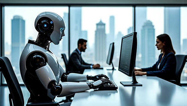 A sophisticated humanoid robot and two human professionals are seated at desks actively engaged with their computer monitors in a bright contemporary office environment