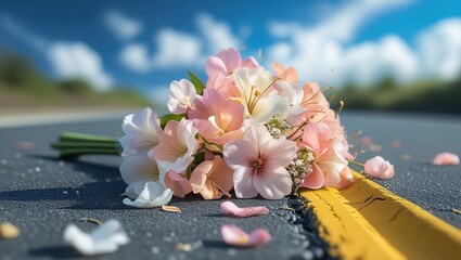 a bouquet of pink flowers lies on the asphalt road