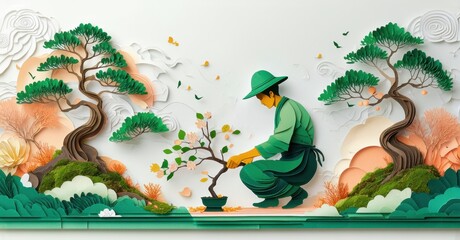 Man tending bonsai tree. Paper art style depicts serene landscape, lush greenery, delicate blossoms, peaceful scene.
