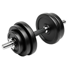 Naklejka premium A sturdy adjustable dumbbell with black weight plates and a chrome handle, ideal for home gym workouts and strength building exercises.