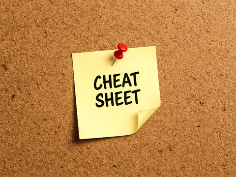 A close-up shot shows a bright yellow sticky note pinned to a textured corkboard Bold black lettering clearly spells out "CHEAT SHEET" on the note
