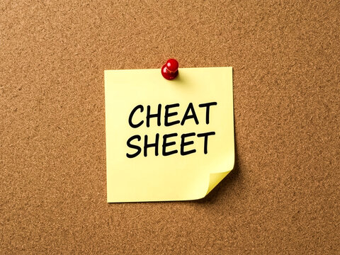 A bright yellow sticky note with the words "Cheat Sheet" boldly written in black marker It is secured to a textured corkboard with a red pushpin