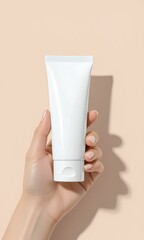 Woman's hand holds a white cosmetic tube. This is a blank product mockup for skincare or beauty branding, presented against a clean beige background with a sharp shadow for a modern, minima