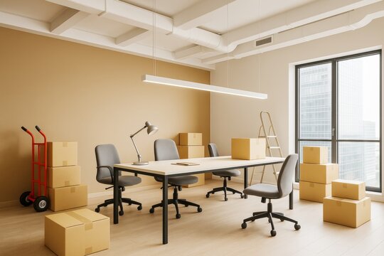Modern office interior filled with cardboard boxes, chairs and table during relocation process in bright contemporary building room.