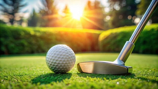 Golf ball resting on green grass with putter positioned at the center