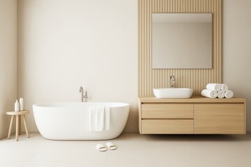 Fototapeta premium Minimalist contemporary bathroom with freestanding bathtub, wooden vanity, mirror and soft lighting in modern natural toned interior space concept.