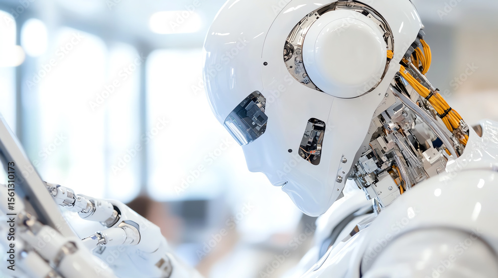 Aufkleber A close-up of a humanoid robot interacting with a digital interface, symbolizing the future of artificial intelligence.