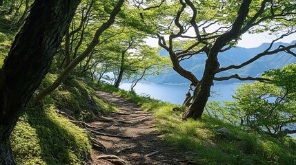 Serene lakeside trail winds through lush green forest, sunlight dappling path.  Ancient trees arch overhead, offering shade and scenic views