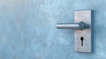 A close-up of a modern door handle on a textured blue wall, symbolizing security, access, and architectural design.