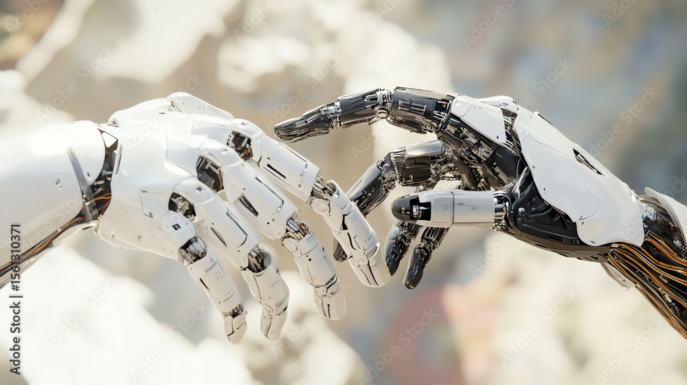 Poster A close-up of two robotic hands reaching towards each other, representing the merging of human and artificial intelligence.
